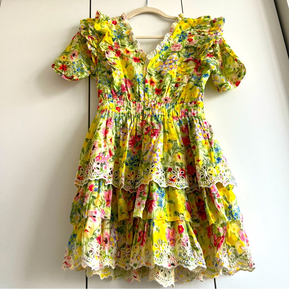 LoveShackFancy yellow multicolor floral embroidered mini dress